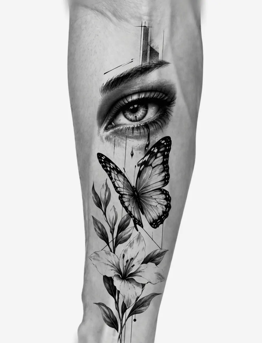 Design preview on a forearm: realistic eye above a butterfly and lilies.