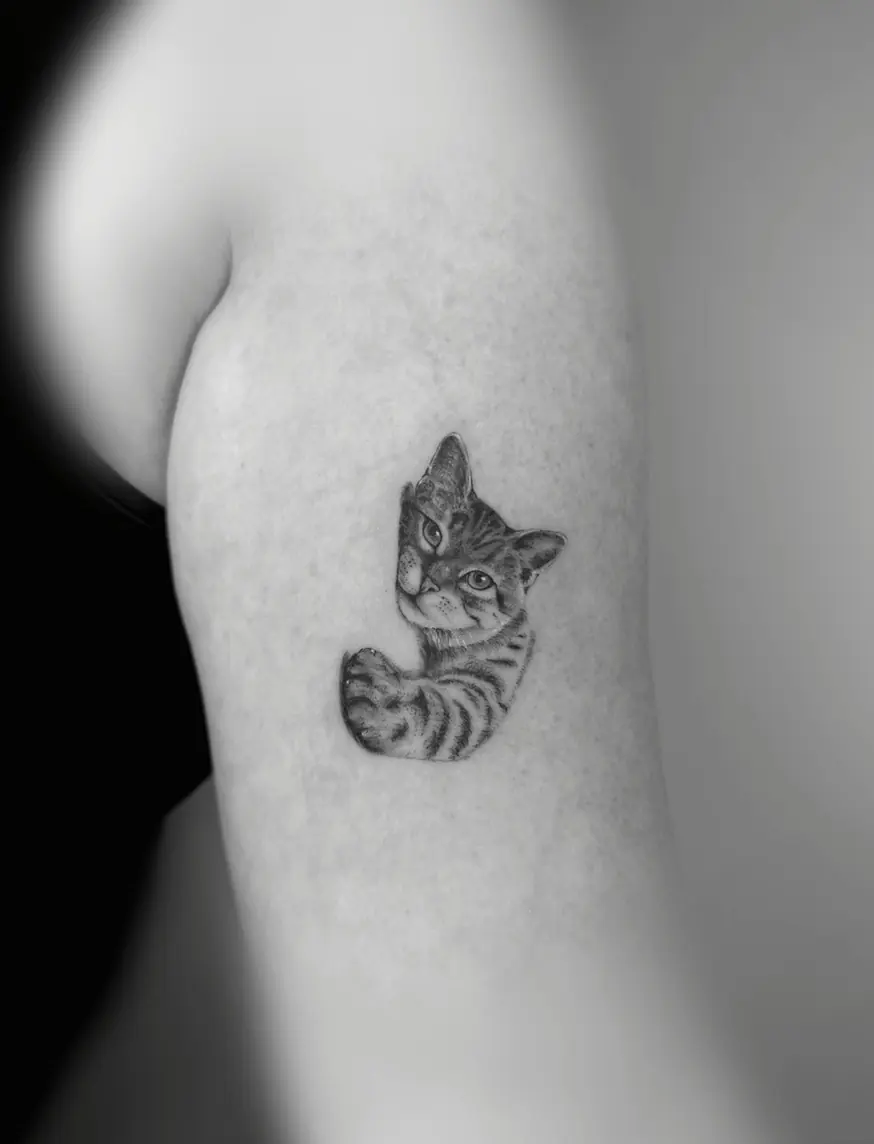 Micro-realistic tabby kitten peeking over its paw, on the back of the upper arm.