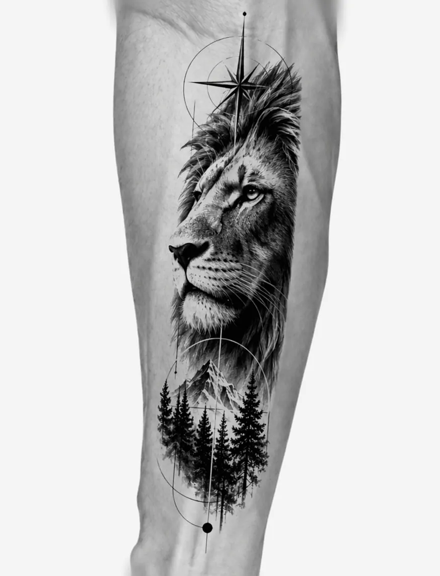 Design preview on a forearm: realistic lion head over a pine forest, framed by fine geometric circles and a compass star.