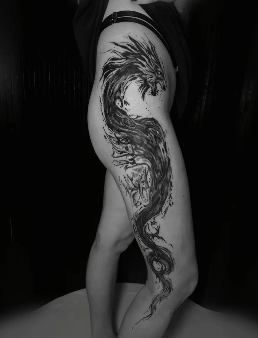 Large black and grey phoenix whose flowing tail runs from the hip down the whole side of the leg.